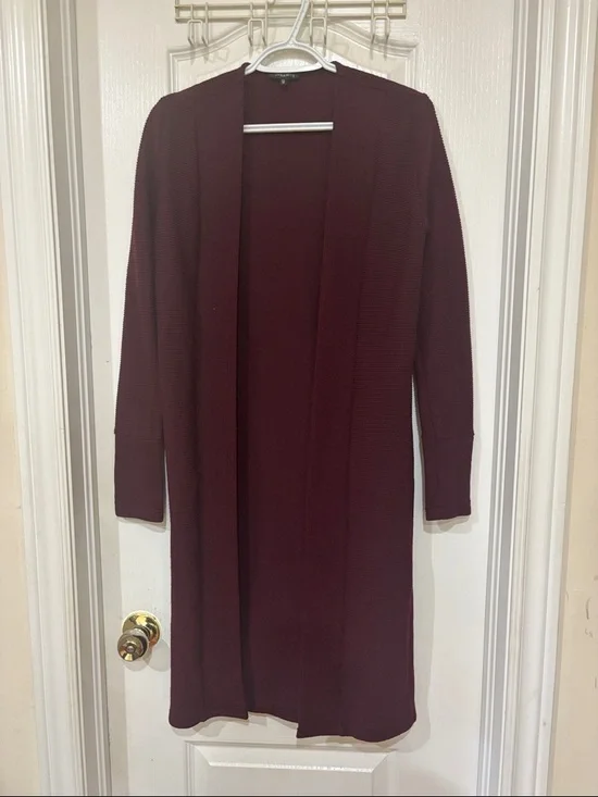 Long Open-Front Ribbed Cardigan - Burgundy - Picture 1 of 1